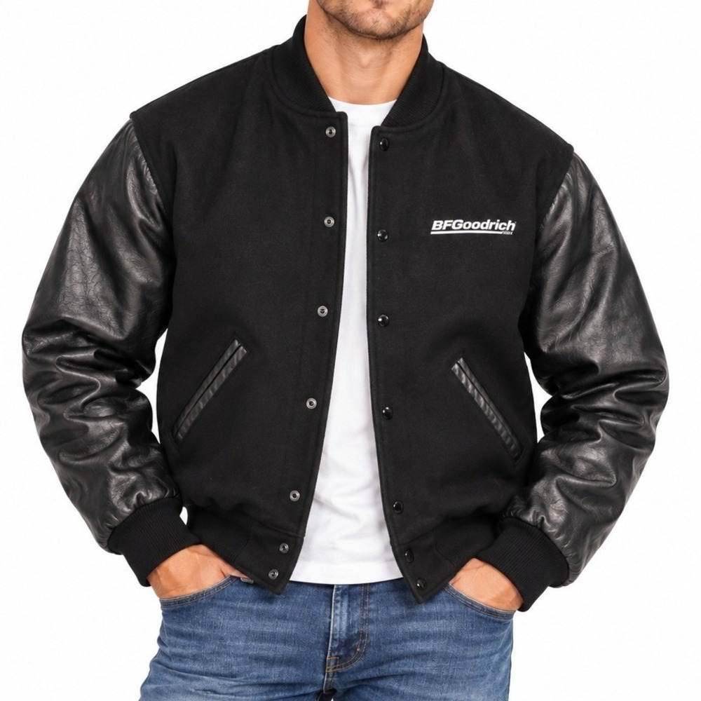 Holloway Varsity Jacket Mens M Black BFGoodrich Tires Wool Leather Trim Vintage